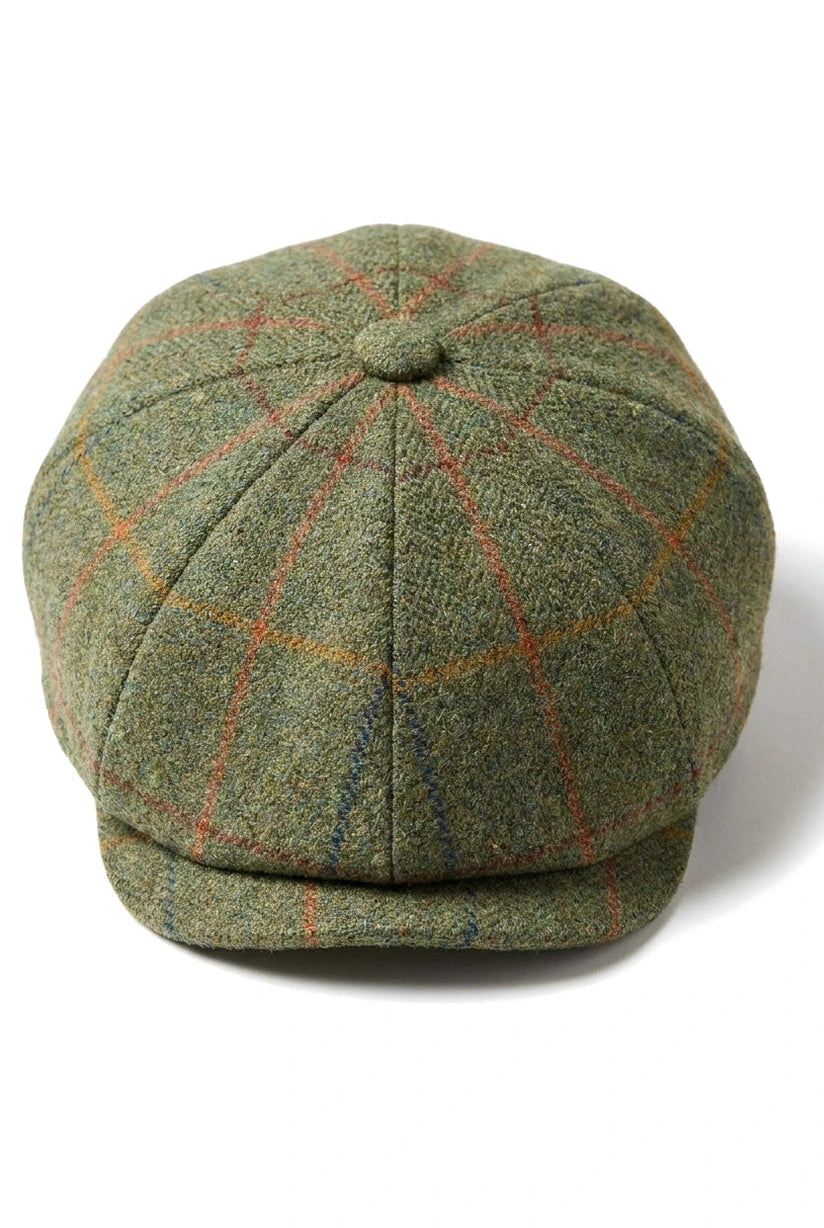 Gorra plana de cuadros verdes de tweed estilo Newsboy de 8 paneles para hombre