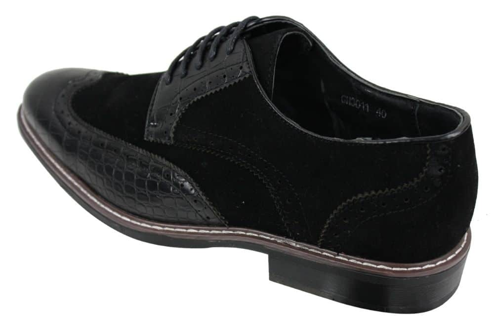 Zapatos brogue para hombre, estilo Gatsby Vintage, en ante negro y marrón con detalles de piel de serpiente.