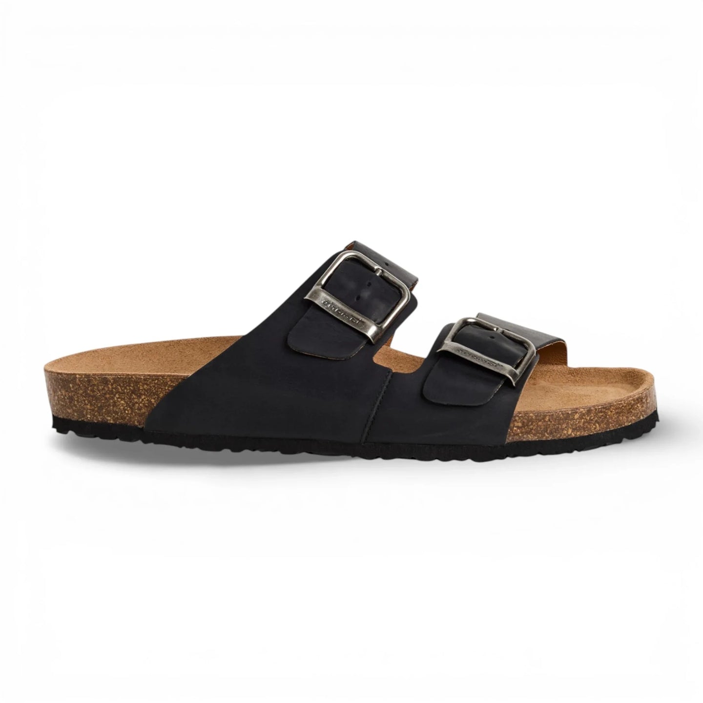 Sandalias tipo pantufla de cuero negro para hombre con plantilla ajustable.