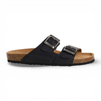 Sandalias tipo pantufla de cuero negro para hombre con plantilla ajustable.