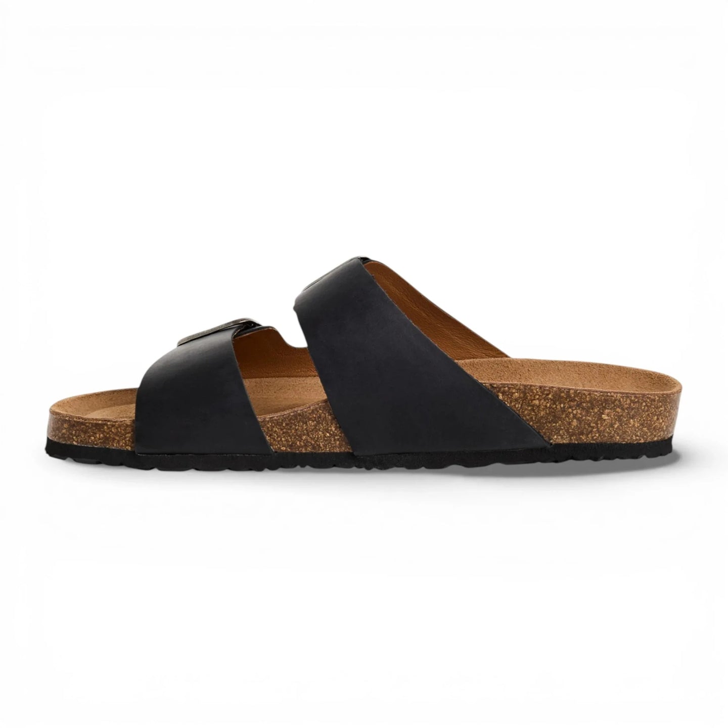 Sandalias tipo pantufla de cuero negro para hombre con plantilla ajustable.