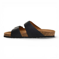 Sandalias tipo pantufla de cuero negro para hombre con plantilla ajustable.