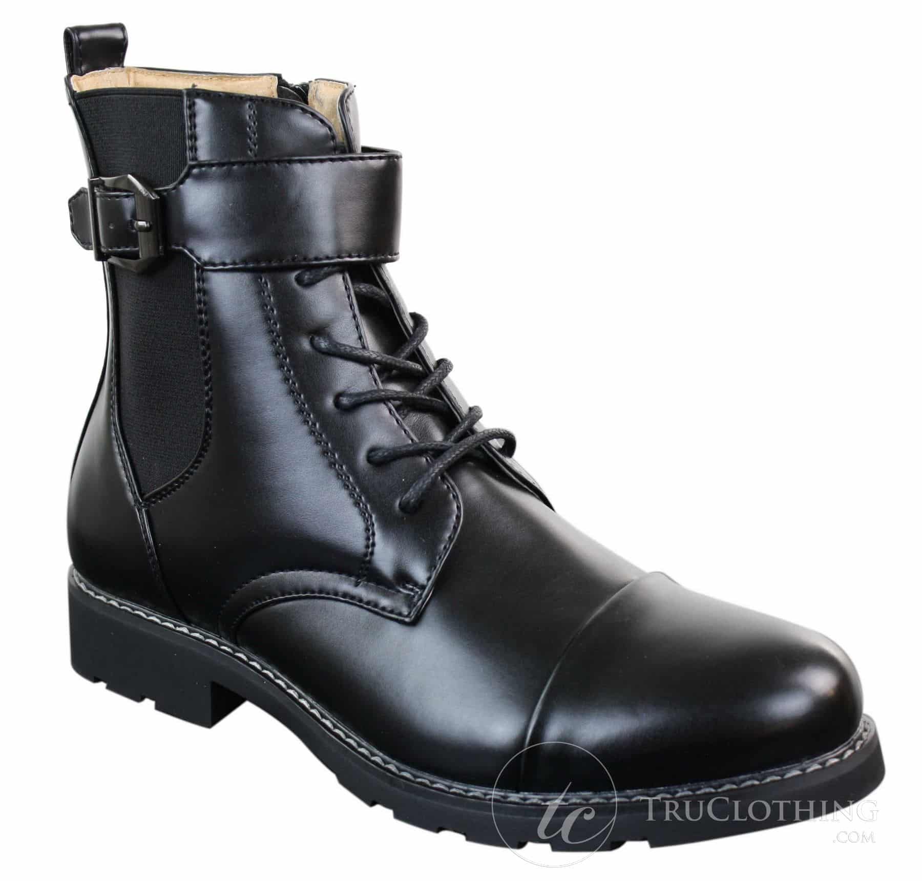 Botines negros de estilo militar para hombre, con cremallera, cordones y hebilla.