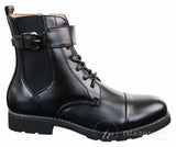 Botines negros de estilo militar para hombre, con cremallera, cordones y hebilla.