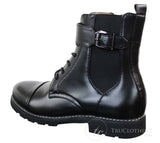 Botines negros de estilo militar para hombre, con cremallera, cordones y hebilla.