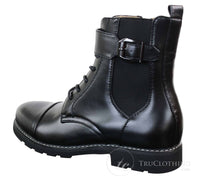 Botines negros de estilo militar para hombre, con cremallera, cordones y hebilla.