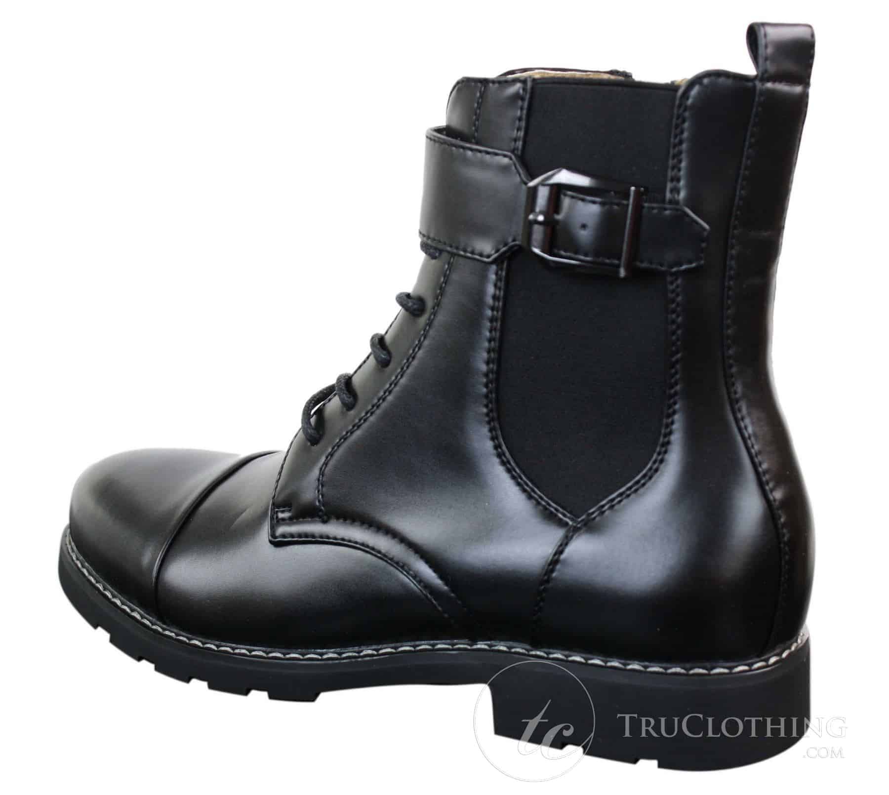 Botines negros de estilo militar para hombre, con cremallera, cordones y hebilla.