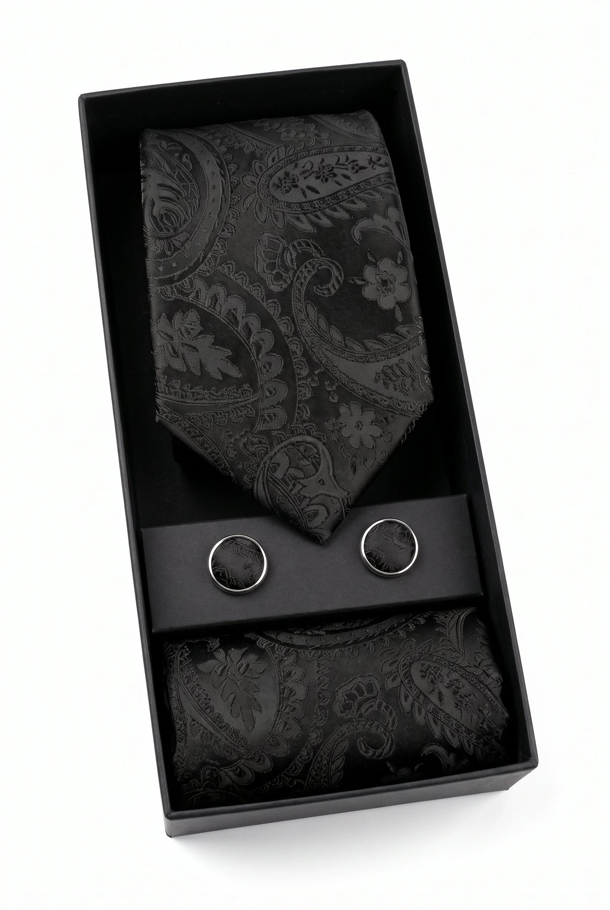 Set de regalo de corbata negra con estampado paisley para hombre