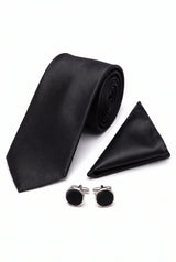 Conjunto de corbata negra para hombre con pañuelo de bolsillo y gemelos.