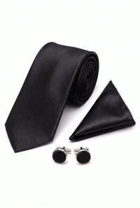 Conjunto de corbata negra para hombre con pañuelo de bolsillo y gemelos.