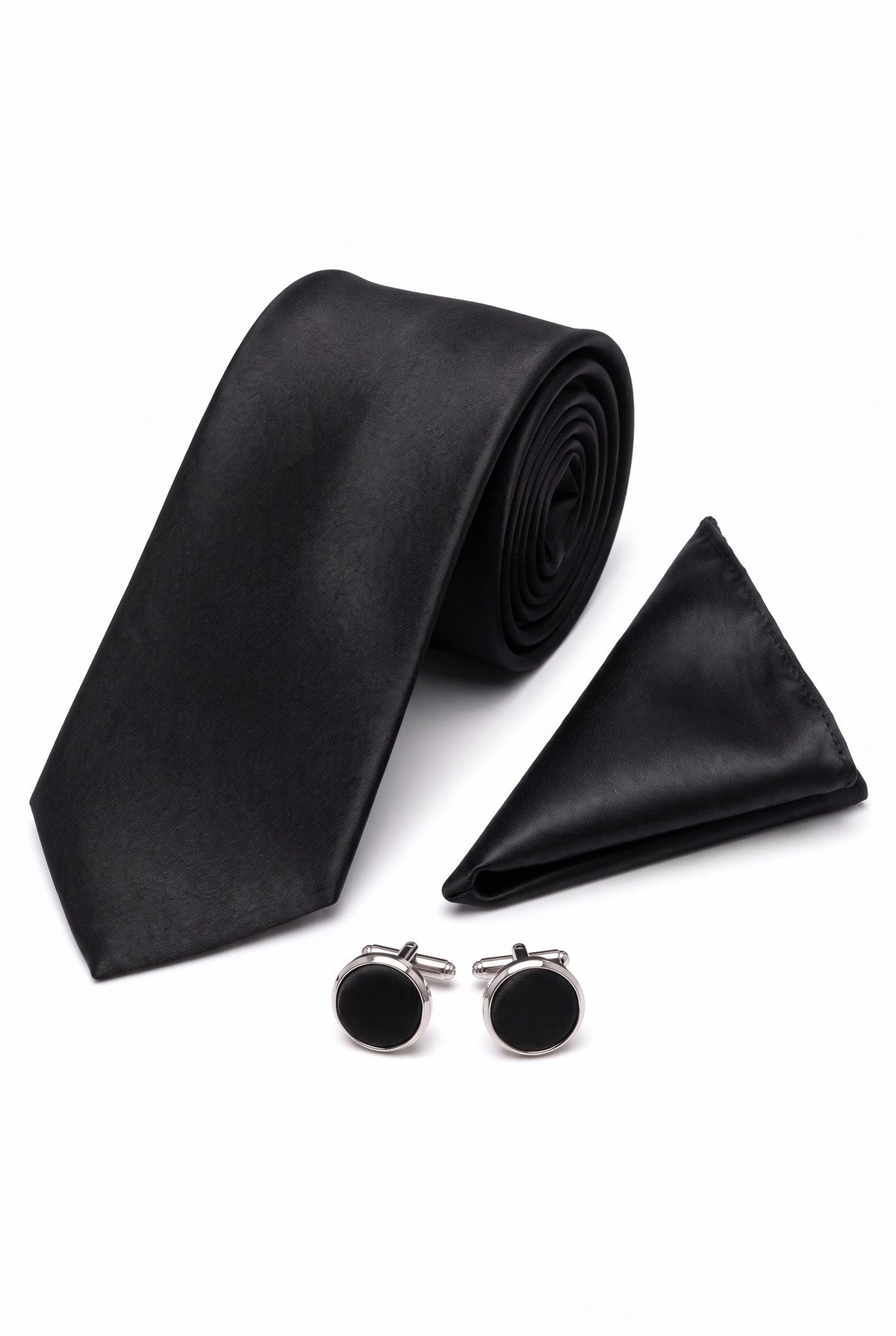 Conjunto de corbata negra para hombre con pañuelo de bolsillo y gemelos.