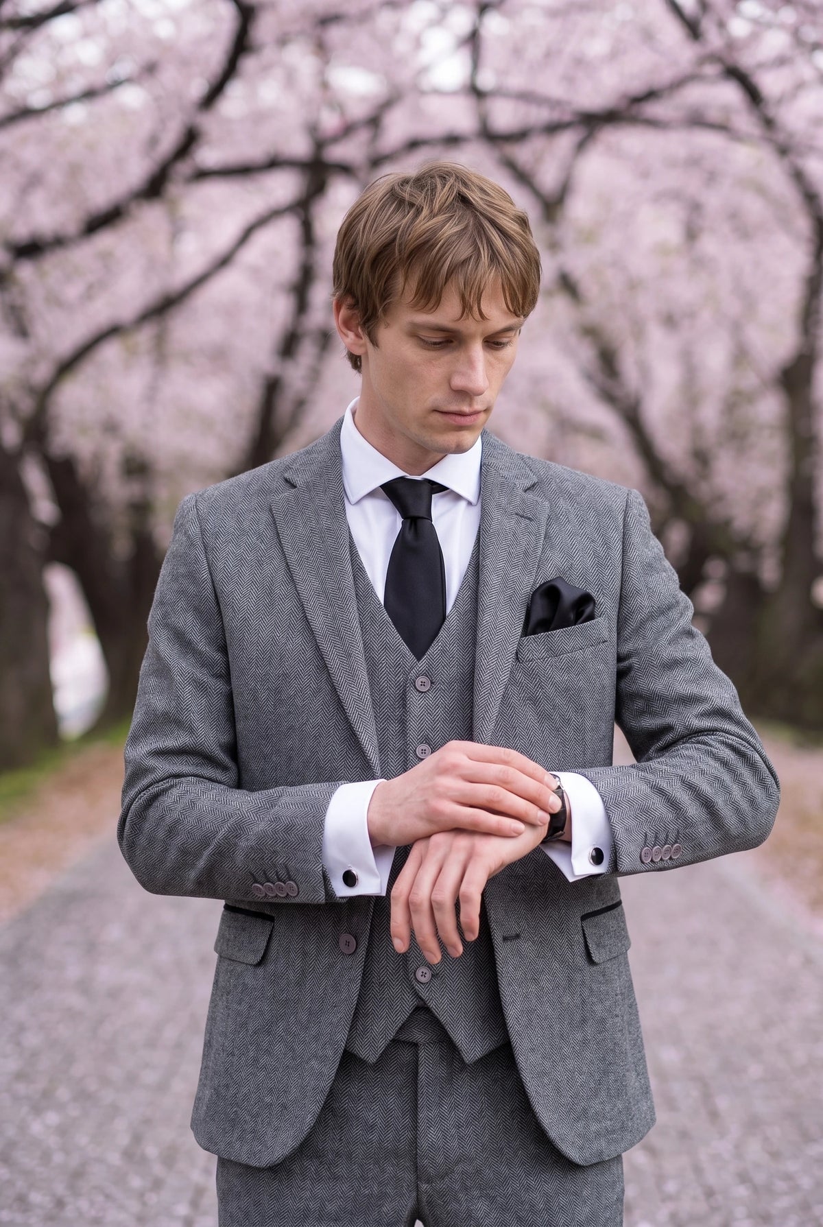 Conjunto de corbata negra para hombre con pañuelo de bolsillo y gemelos.