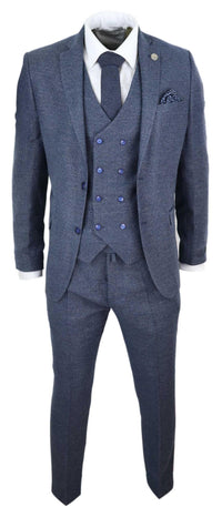 Traje azul de tres piezas para hombre con chaleco cruzado.