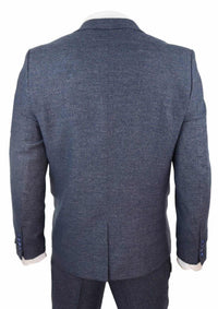 Traje azul de tres piezas para hombre con chaleco cruzado.