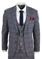 Traje de tres piezas a cuadros azul grisáceo para hombre