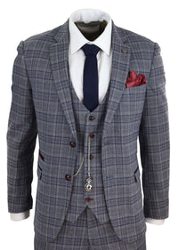 Traje de tres piezas a cuadros azul grisáceo para hombre