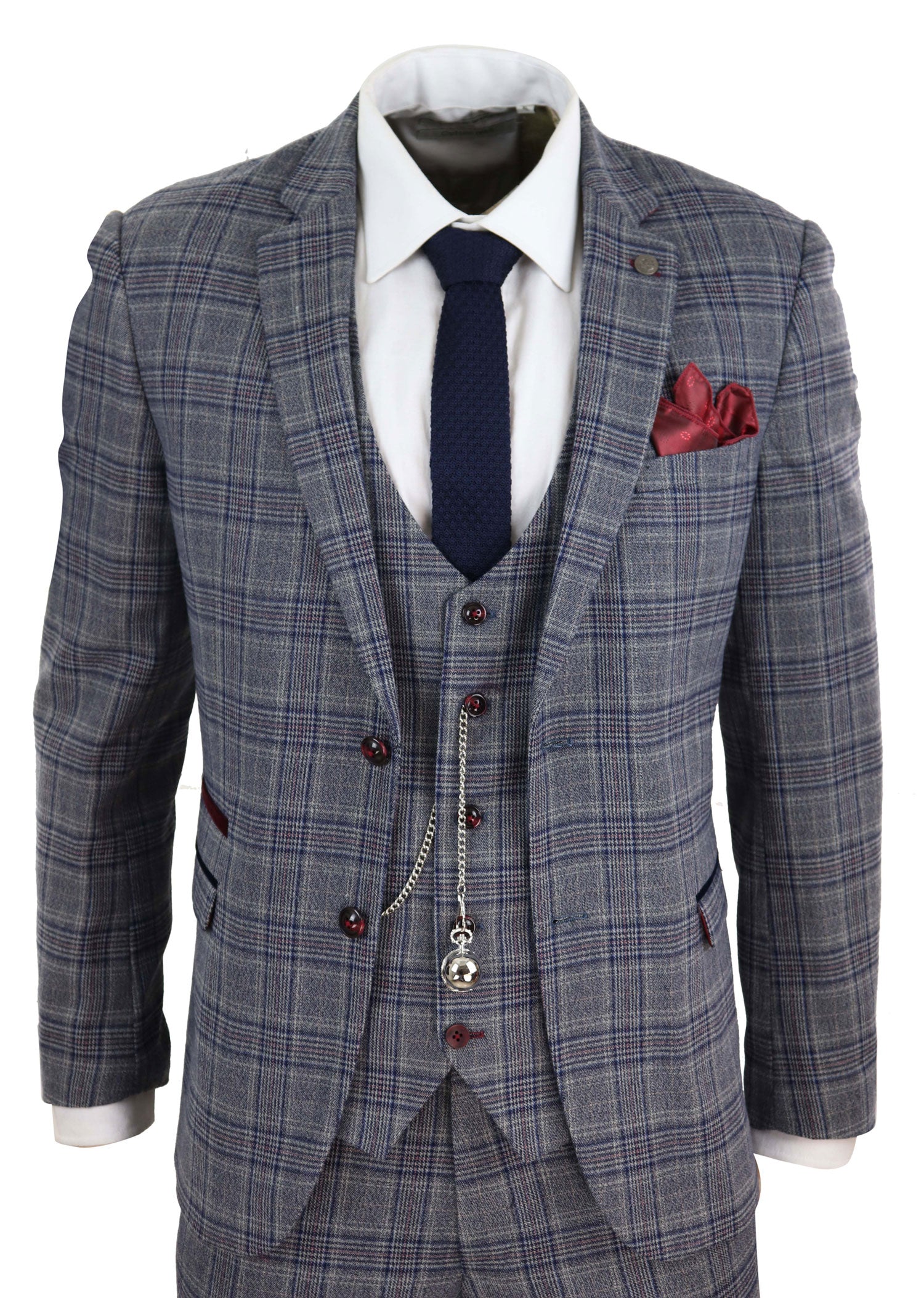 Traje de tres piezas a cuadros azul grisáceo para hombre