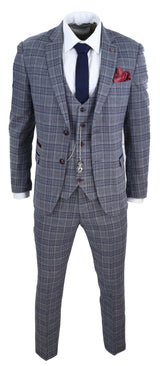 Traje de tres piezas a cuadros azul grisáceo para hombre