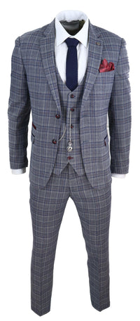 Traje de tres piezas a cuadros azul grisáceo para hombre