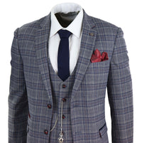 Traje de tres piezas a cuadros azul grisáceo para hombre