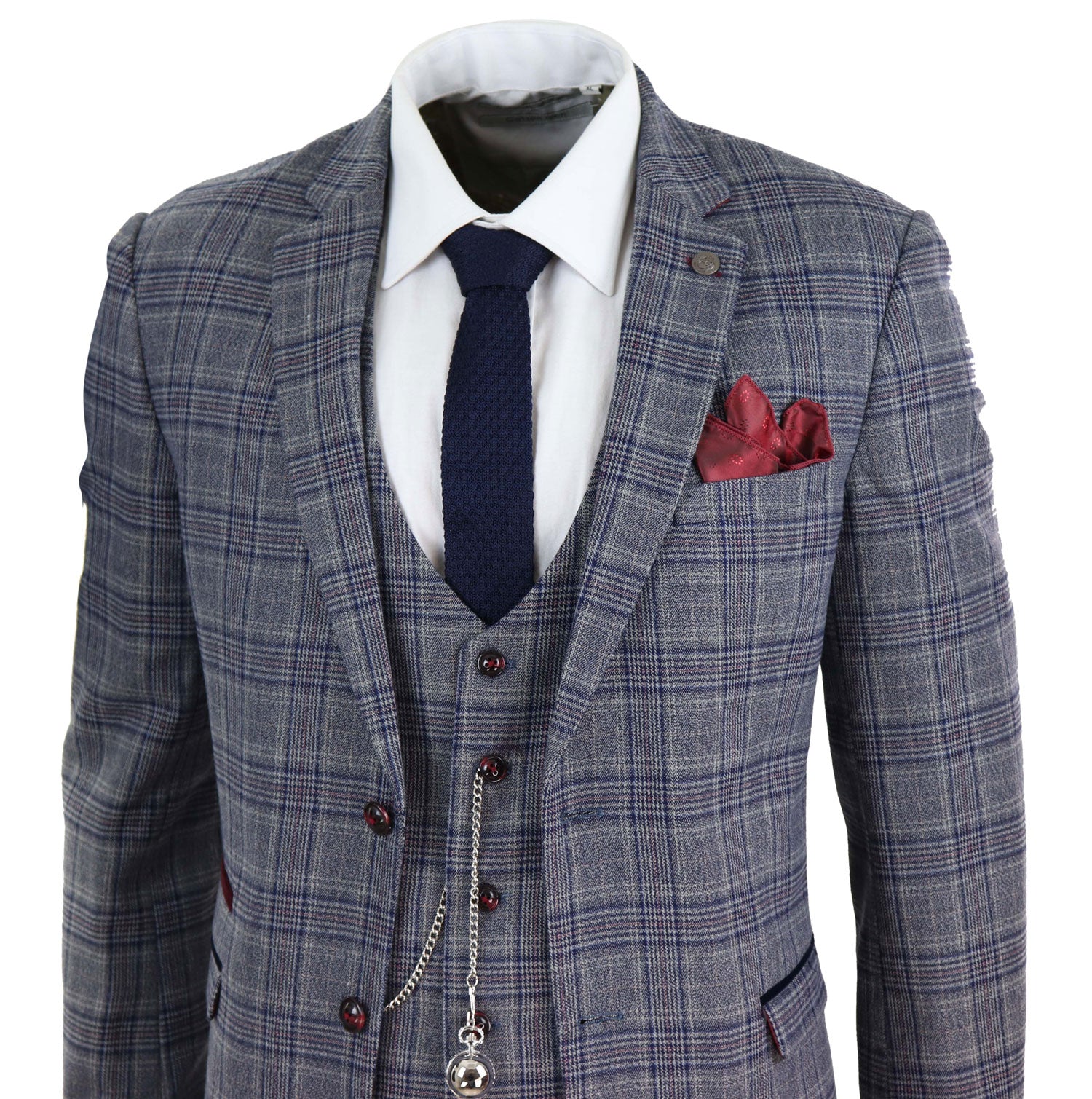 Traje de tres piezas a cuadros azul grisáceo para hombre