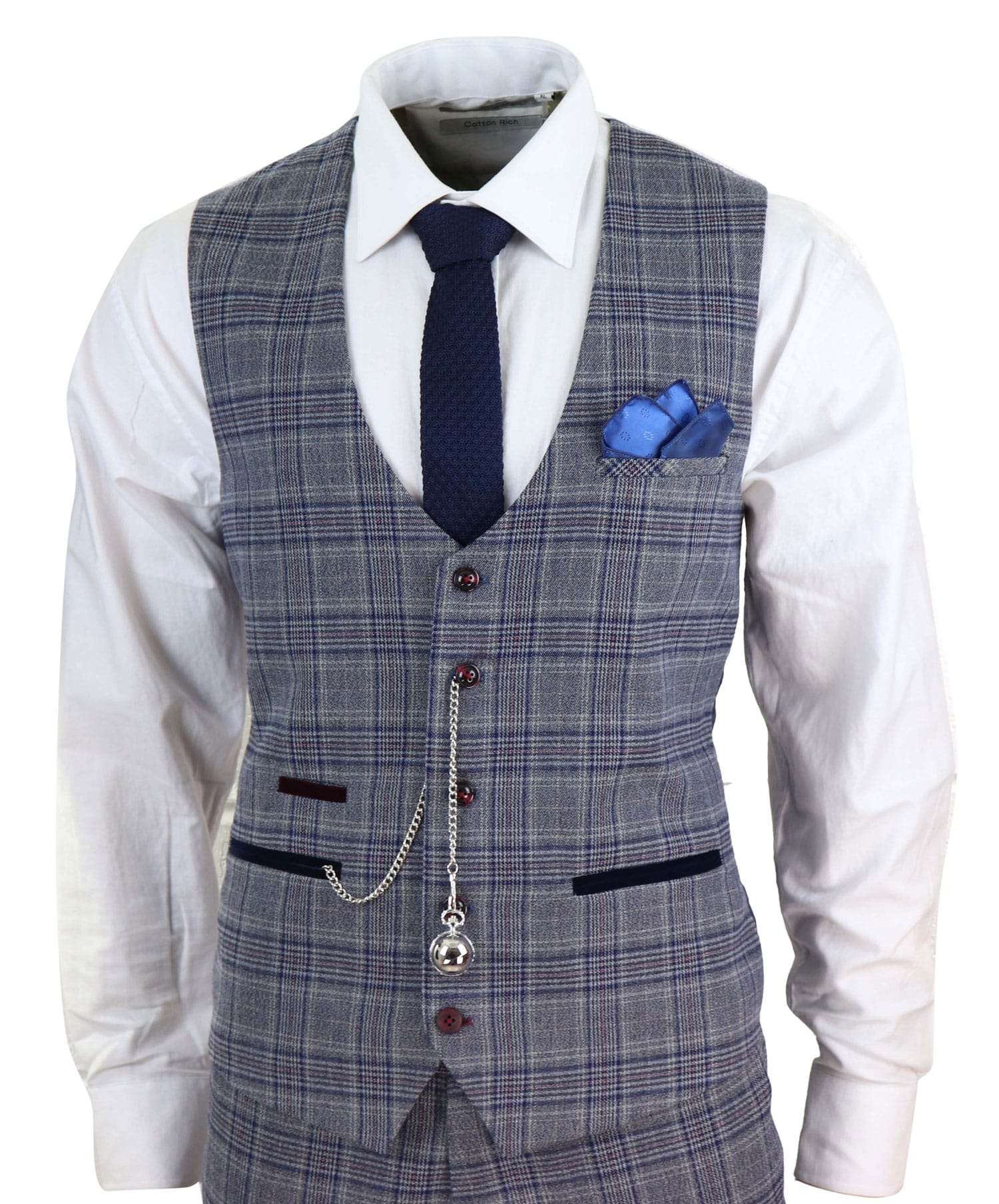 Traje de tres piezas a cuadros azul grisáceo para hombre