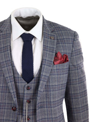 Traje de tres piezas a cuadros azul grisáceo para hombre