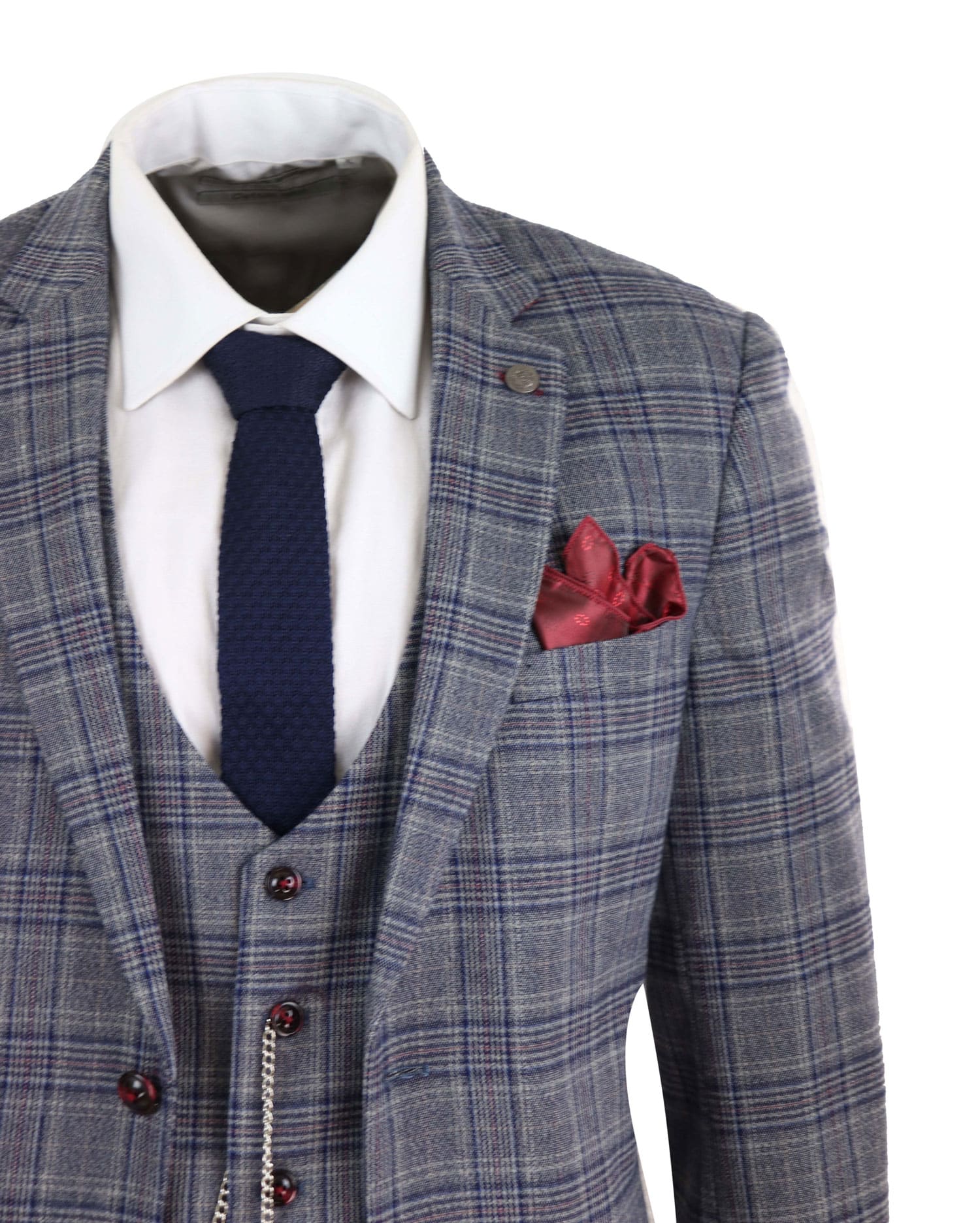 Traje de tres piezas a cuadros azul grisáceo para hombre