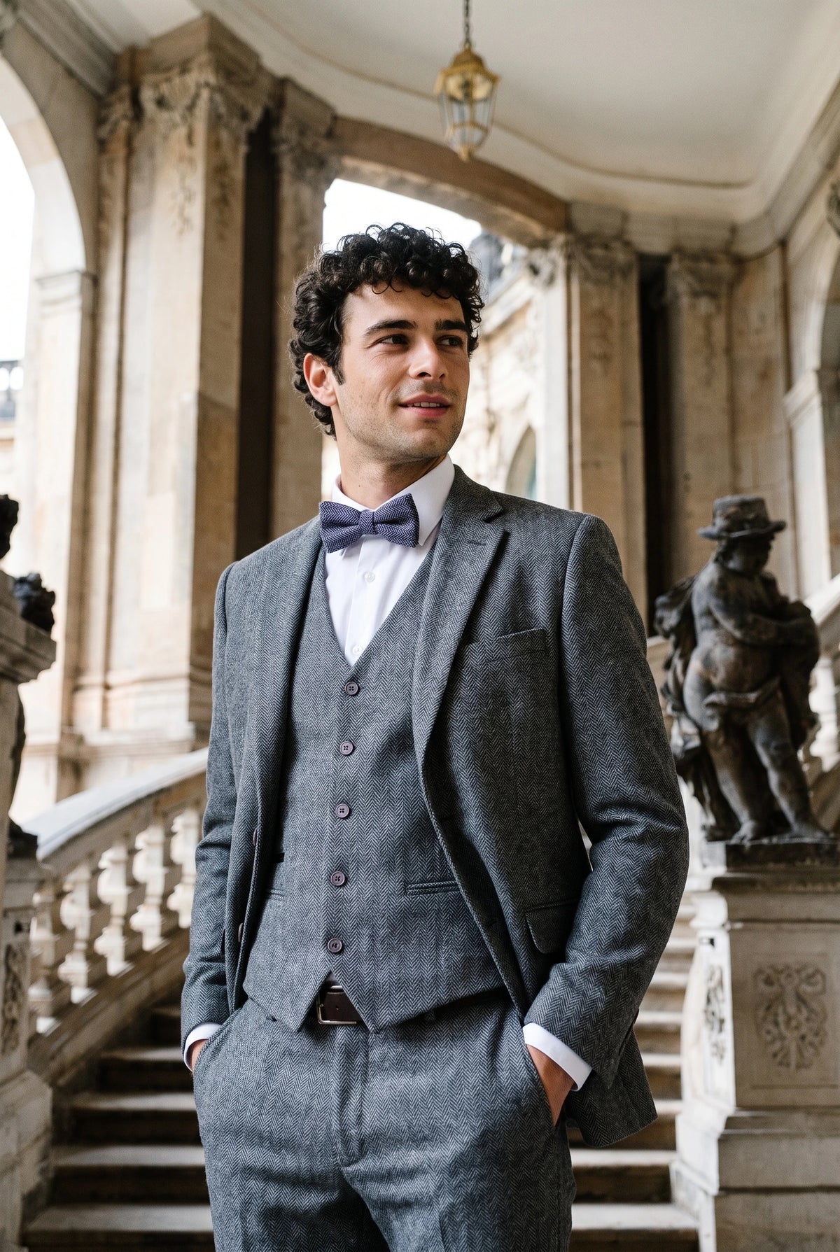 Pajarita de tweed azul con estampado de espiga para hombre