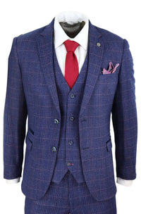 Traje de tres piezas para hombre a cuadros azules y morados
