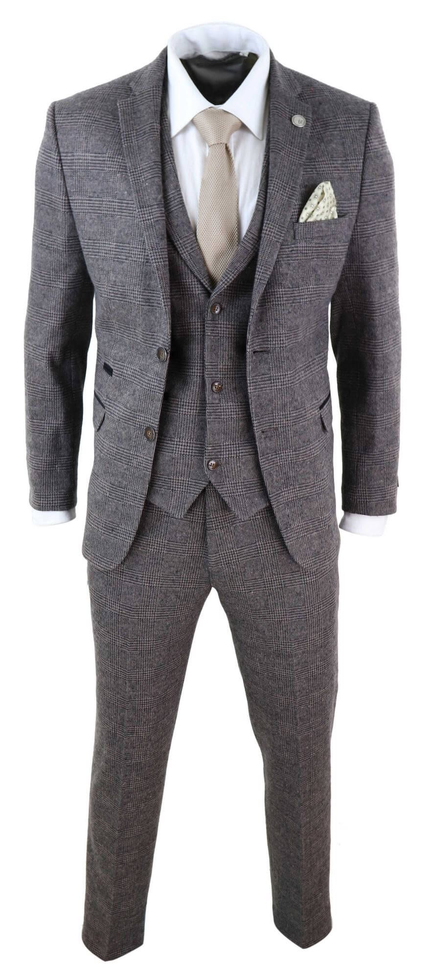 Traje de tweed de 3 piezas para hombre, color marrón a cuadros - STZ17