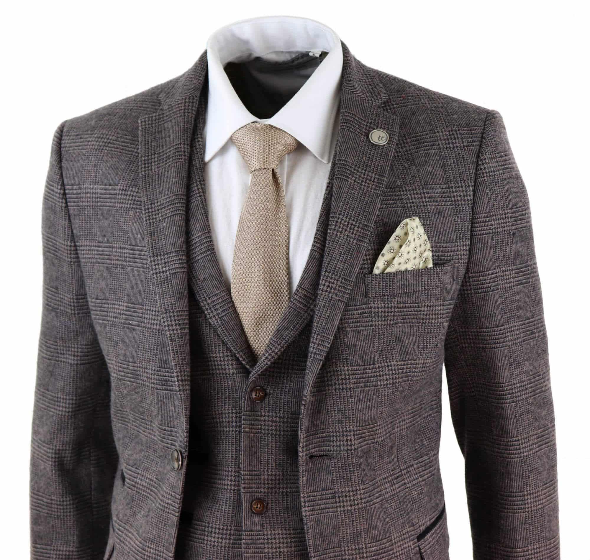 Traje de tweed de 3 piezas para hombre, color marrón a cuadros - STZ17