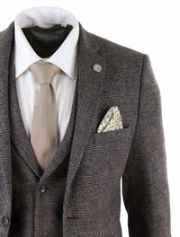 Traje de tweed de 3 piezas para hombre, color marrón a cuadros - STZ17