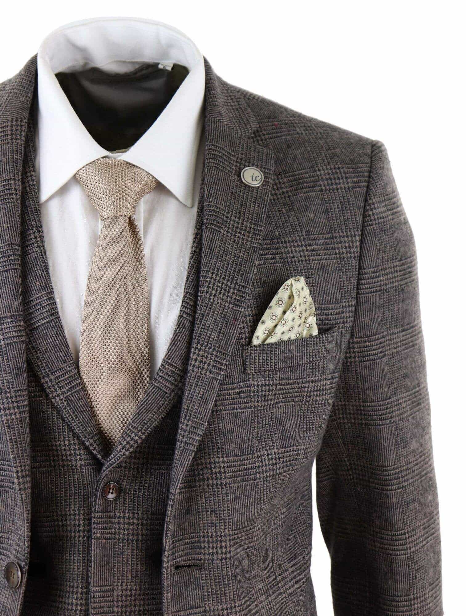 Traje de tweed de 3 piezas para hombre, color marrón a cuadros - STZ17