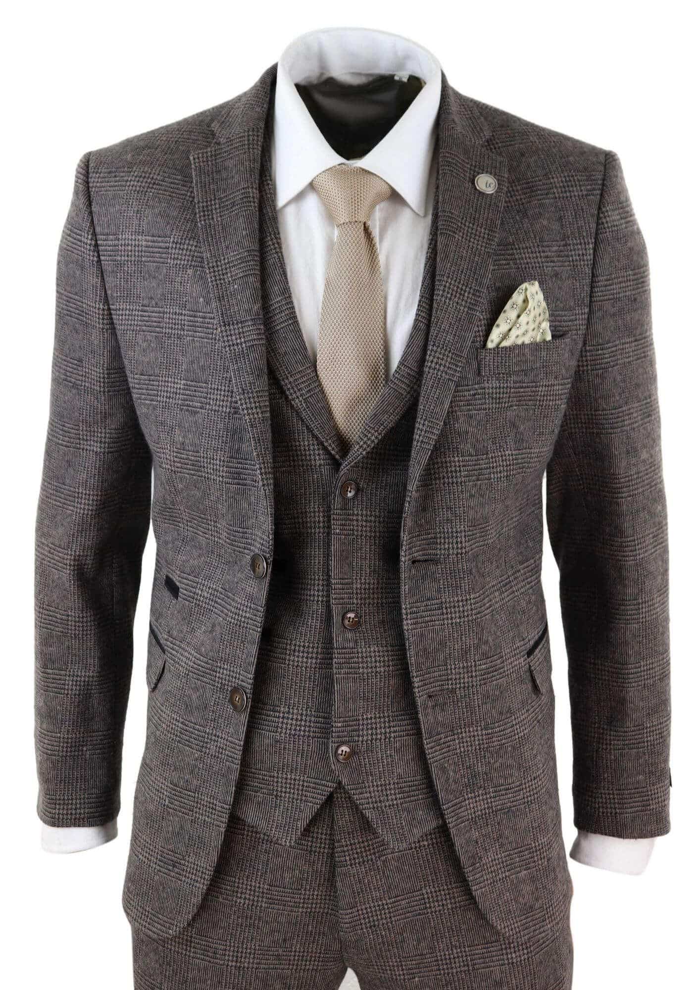 Traje de tweed de 3 piezas para hombre, color marrón a cuadros - STZ17