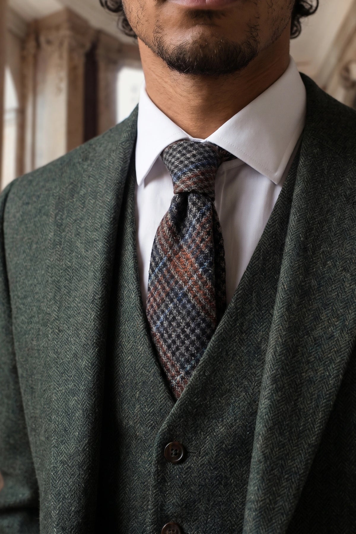 Corbata de hombre de mezcla de lana con estampado de espiga marrón.