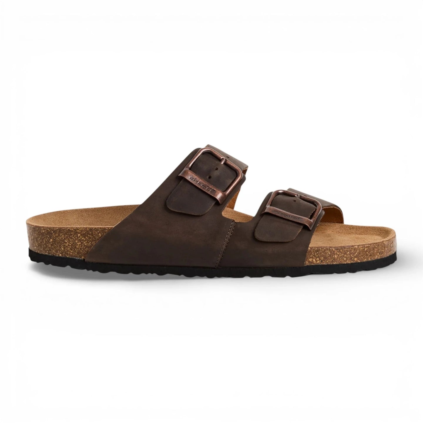 Sandalias tipo pantufla de cuero marrón para hombre con plantilla ajustable.