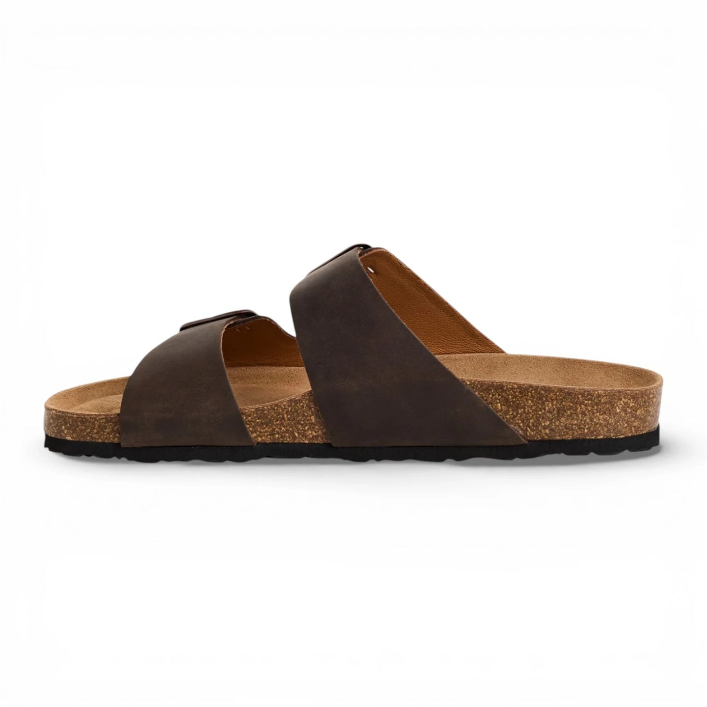 Sandalias tipo pantufla de cuero marrón para hombre con plantilla ajustable.