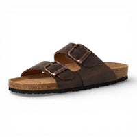 Sandalias tipo pantufla de cuero marrón para hombre con plantilla ajustable.