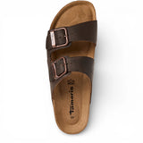 Sandalias tipo pantufla de cuero marrón para hombre con plantilla ajustable.