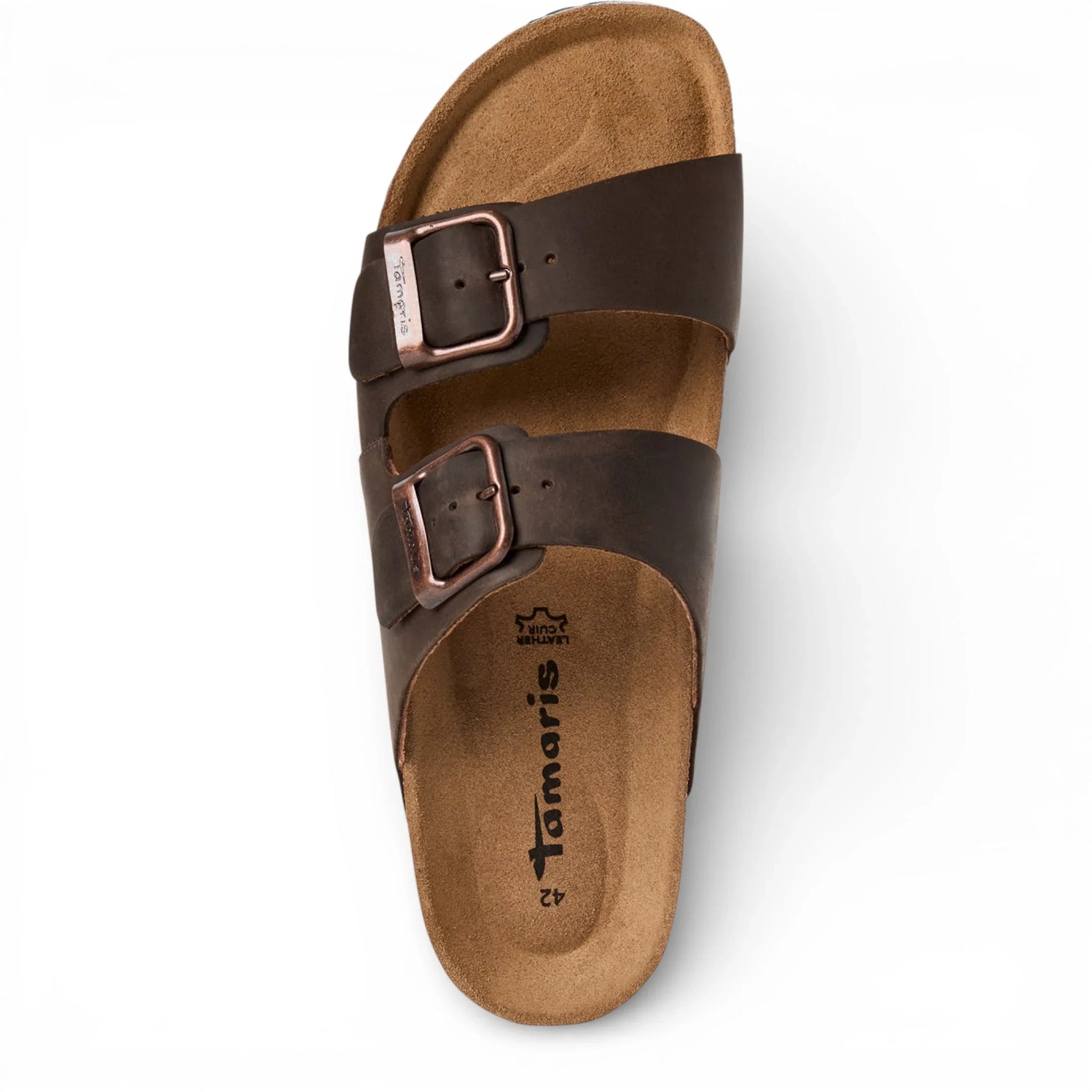 Sandalias tipo pantufla de cuero marrón para hombre con plantilla ajustable.