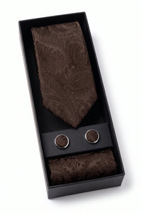 Set de regalo de corbata marrón con estampado paisley para hombre