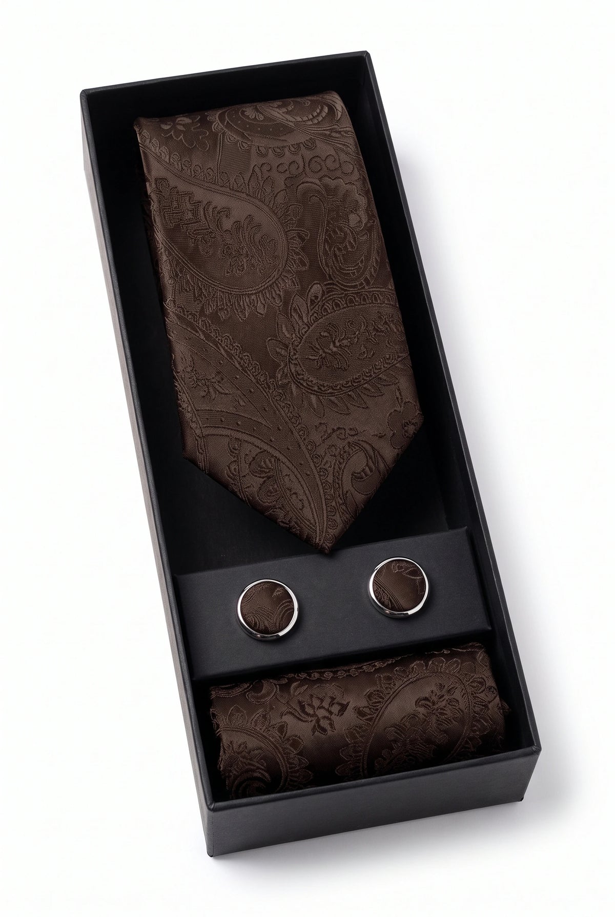 Set de regalo de corbata marrón con estampado paisley para hombre