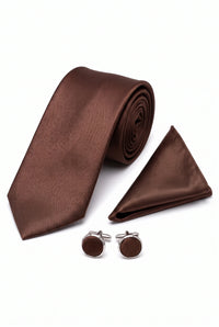 Conjunto de corbata marrón para hombre con pañuelo de bolsillo y gemelos.