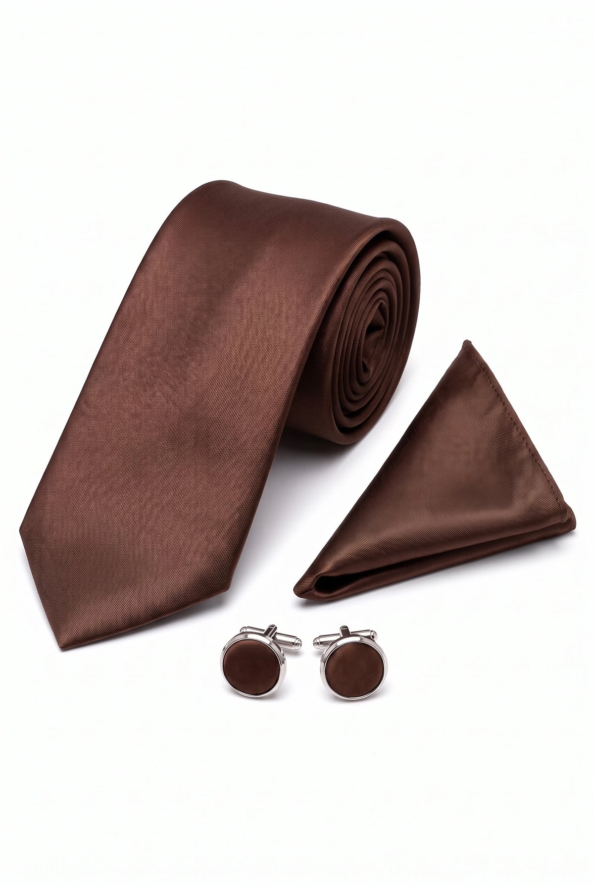 Conjunto de corbata marrón para hombre con pañuelo de bolsillo y gemelos.