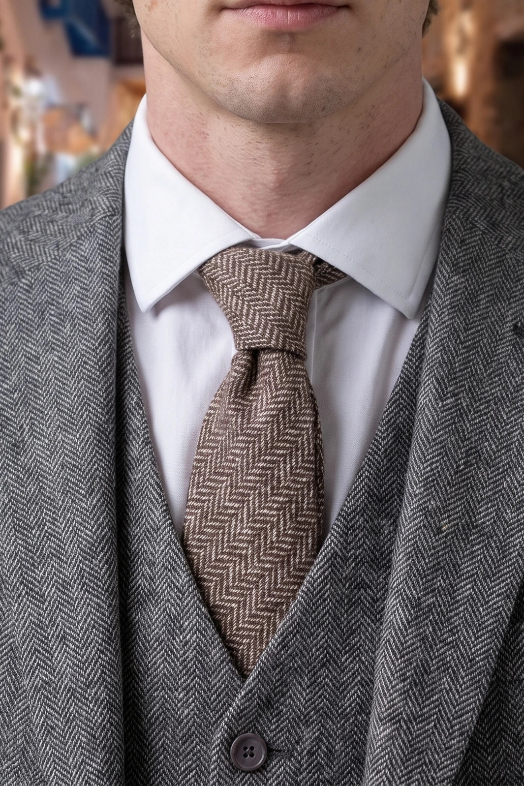 Corbata de hombre de tweed marrón con estampado de espiga.