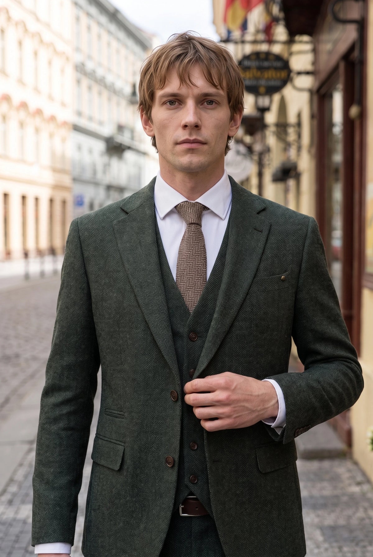 Corbata de hombre de tweed marrón con estampado de espiga.