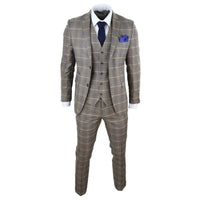 Traje de tres piezas para hombre, marrón con cuadros azules - Paul Andrew Kenneth