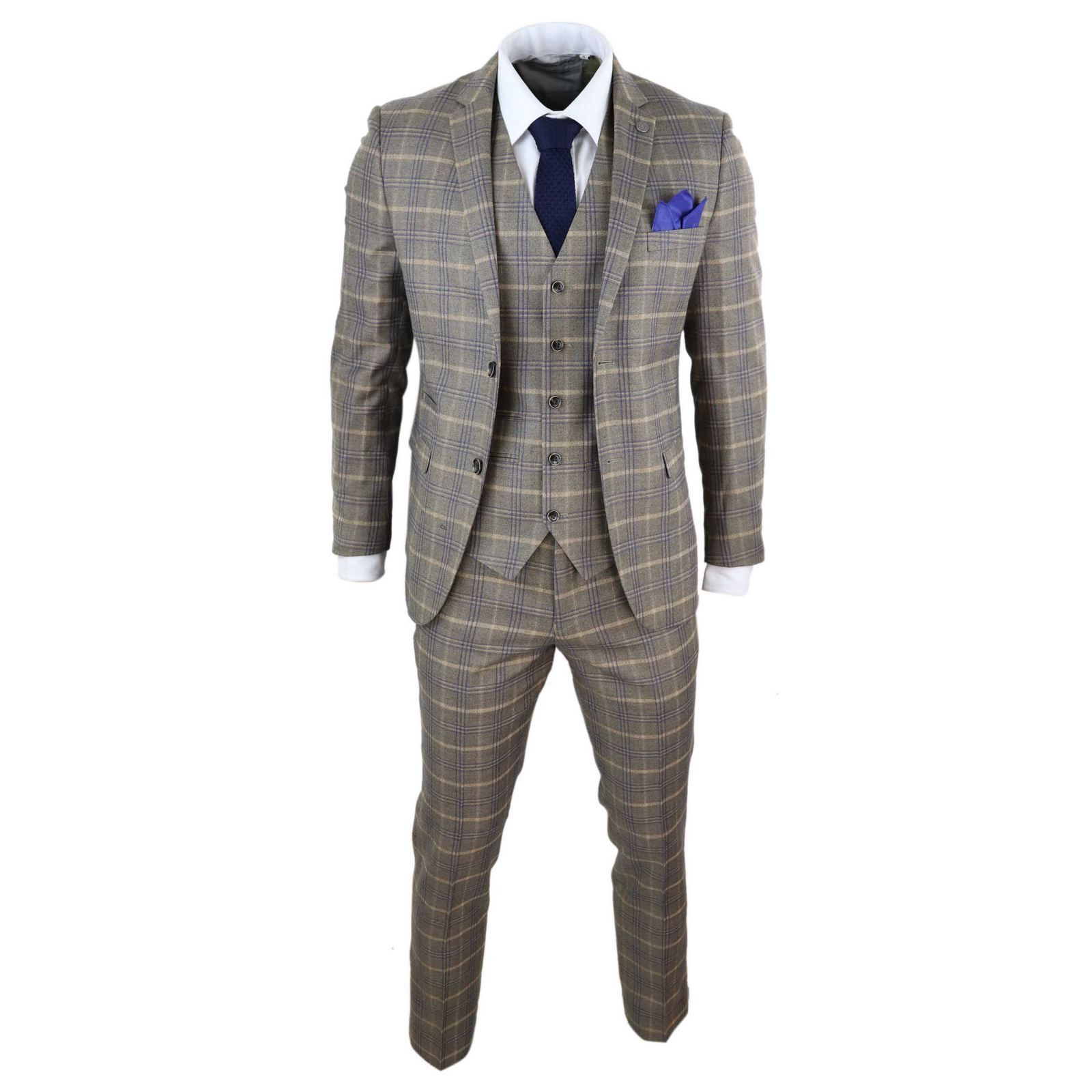 Traje de tres piezas para hombre, marrón con cuadros azules - Paul Andrew Kenneth