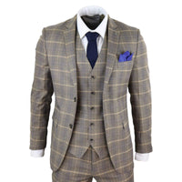 Traje de tres piezas para hombre, marrón con cuadros azules - Paul Andrew Kenneth